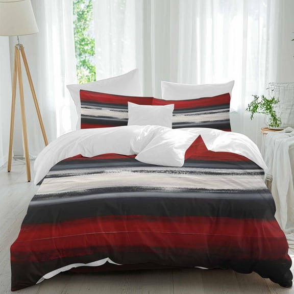 Red And Black Strip Duvet Cover Set Full Size, Classic Modern Art 4 Piece Soft Microfiber Bedding Set with 1 Duvet Cover, 1 Flat Sheet, 2 Pillowcases