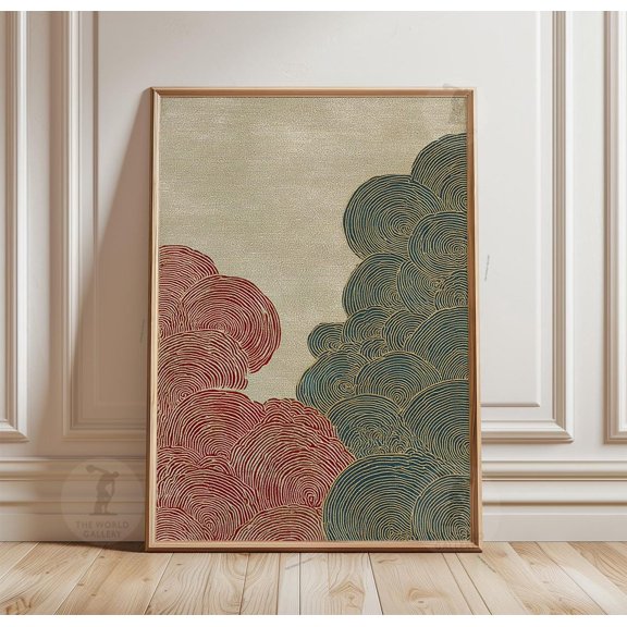 Red And Blue Abstract Poster Japanese Wave Pattern Illustration Art, Unframed Poster
