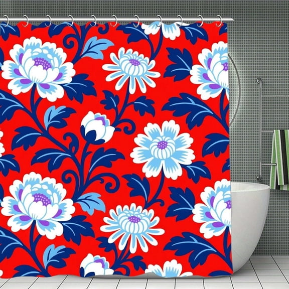 Red And Blue Chinoiserie Floral Print Shower Curtain,Modern Fabric Waterproof Shower Curtain Set with Hooks 70.8×70.8Inch (180×180cm)