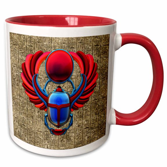 3drose, Red and Blue Egyptian Scarab Beetle on Hieroglyph Wall Design., 11oz Two-tone Red Mug