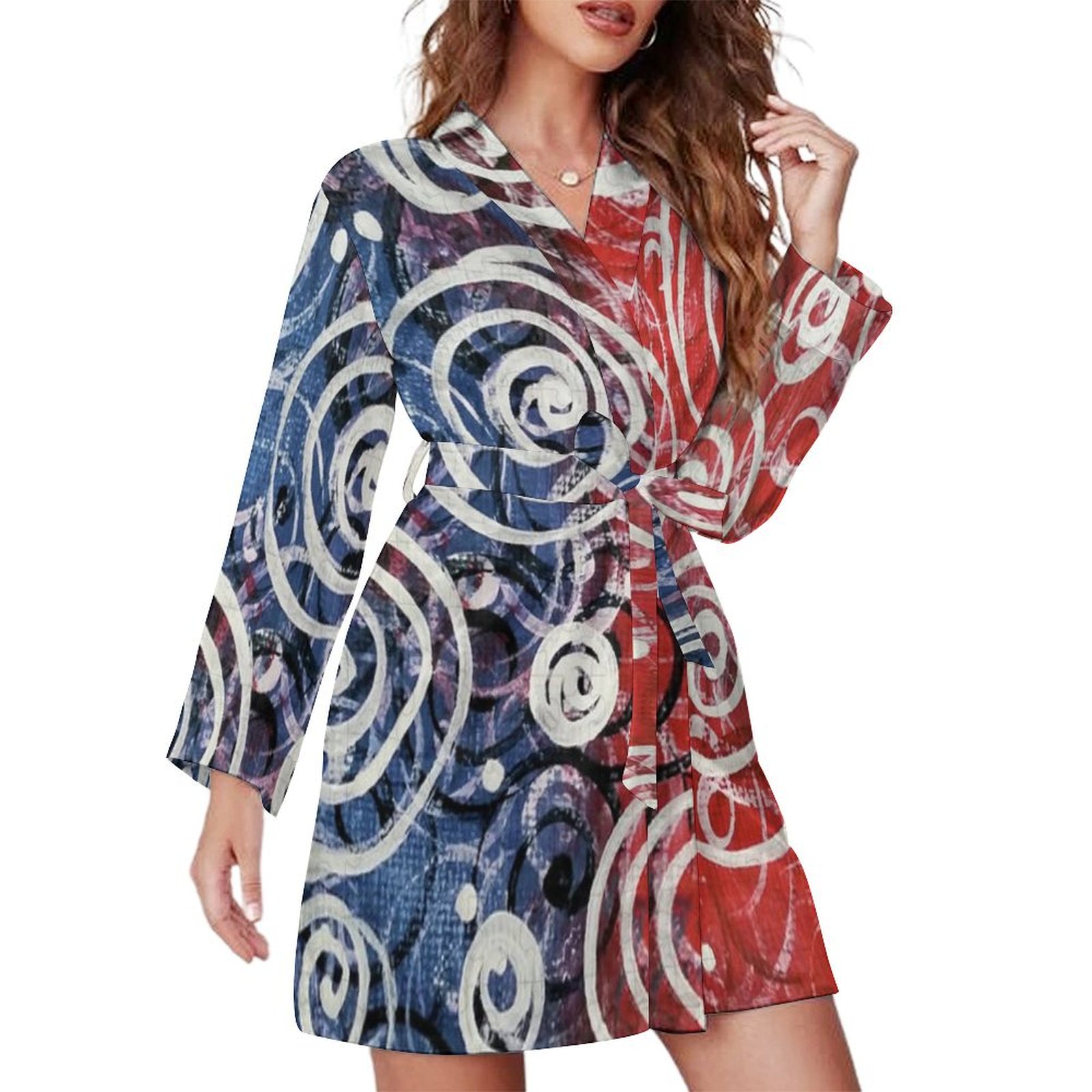 Painted Robe Red And Blue Painting Night Robe Long Sleeve V Neck Robe With Belt ...