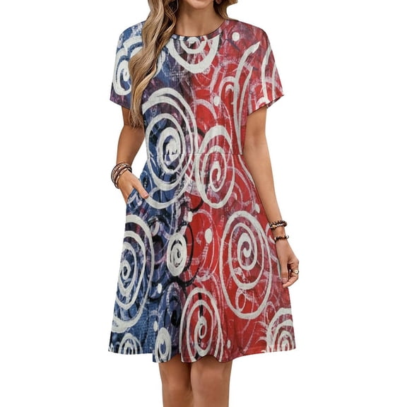 Red And Blue Painting Short Sleeve Dress Women Summer Evening Dresses Ladies Sundress
