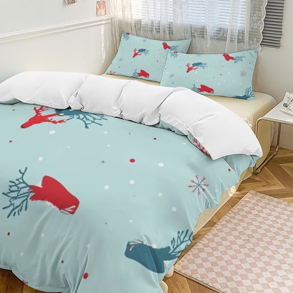Red And Blue Reindeer Snowflake Pattern Duvet Cover Set Themed Multicolor Polyester Bedding Set for Bedroom Decoration