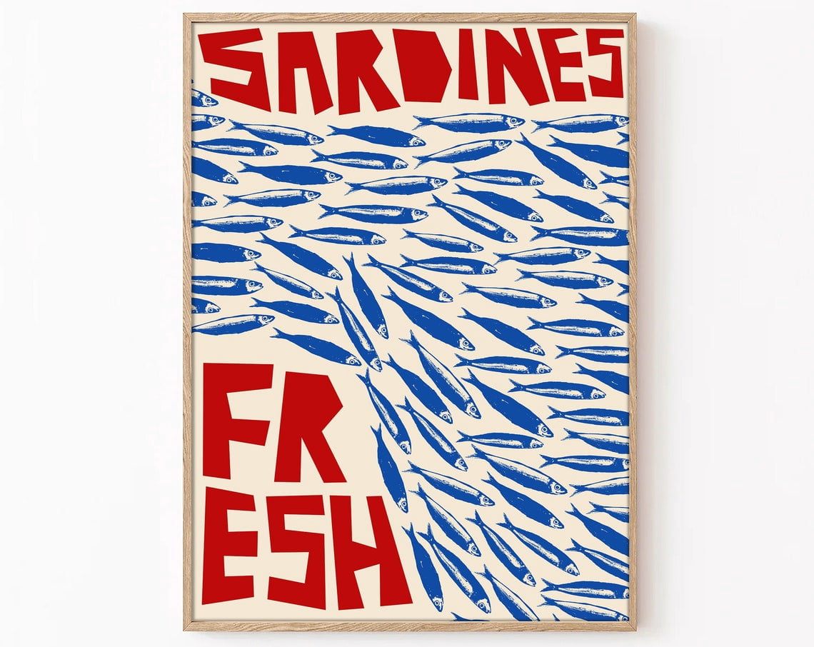 Fish Rad Wal Red And Blue Sardines Wall Art Print, Retro Coastal Fish Illustration ...
