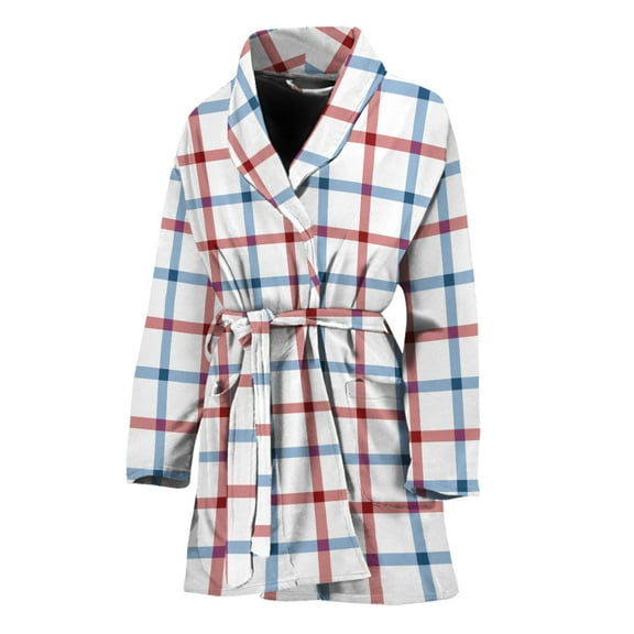 Red And Blue Tattersall Pattern Women Bathrobe One Size Univeral Fits Fashion Lightweight Plush Fleece Long Robe For Women