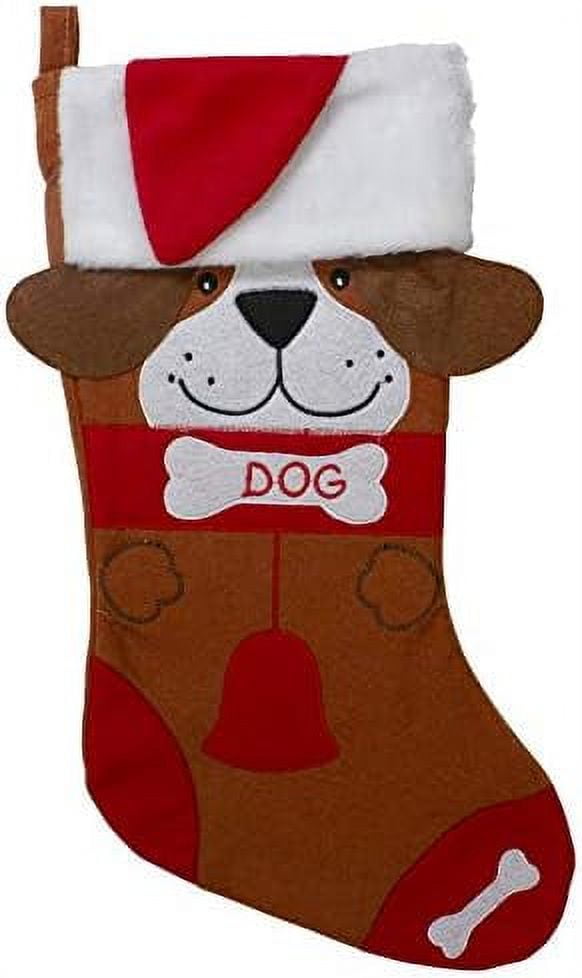 Red And Brown Dog Embroidered Christmas Stocking With Cuff