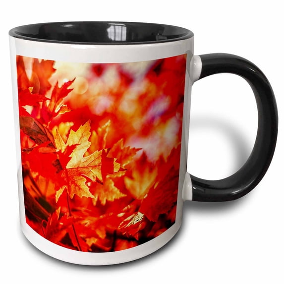 3drose, Red and Gold Autumn Leaves at Backlight, 15oz Two-tone Black Mug