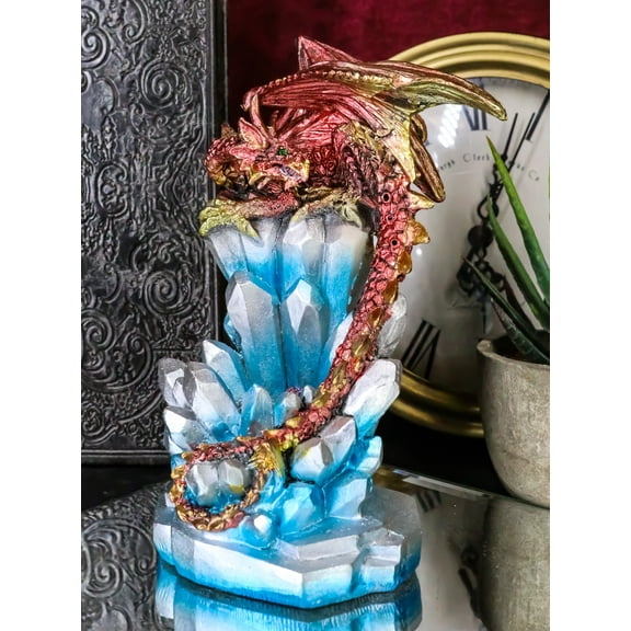 Red And Gold Cosmic Dragon On Blue Crystal Stalactite Rock LED Light Statue