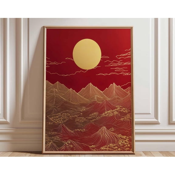 Red And Gold Mountain Abstract Asian Landscape Golden Sun Peaks Wall Art Print, Unframed Paper Poster 8x10in