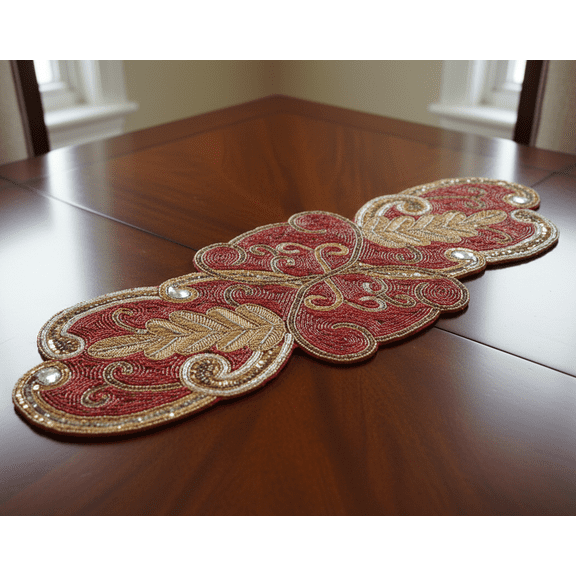 Red And Gold Table Runner, Handmade Beads Table Topper, Beaded Tableware 13X36 Inches