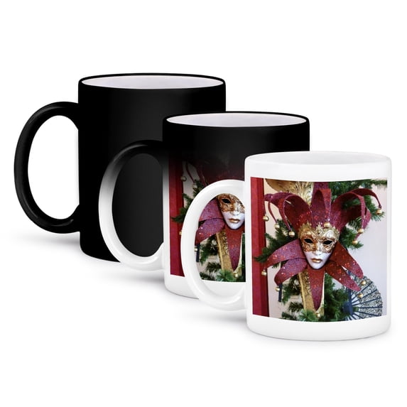 3dRose, Red and Gold Vintage Mardi Gras Mask, 11oz Magic Transforming Mug