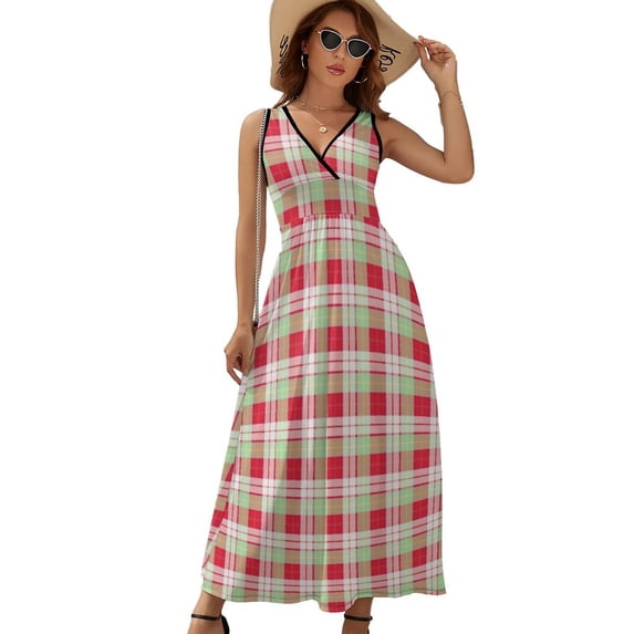 Red And Green Grid Womens Night Club Maxi Dress V Neck Sleeveless Bohemia Long Dresses