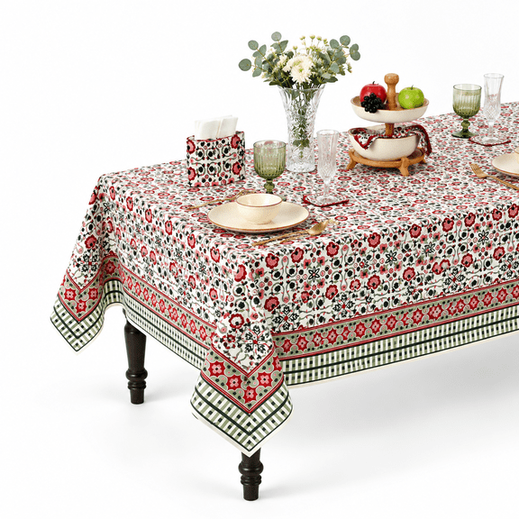 Red And Green Hand Block Print Square Tablecloth 60x60 Inch