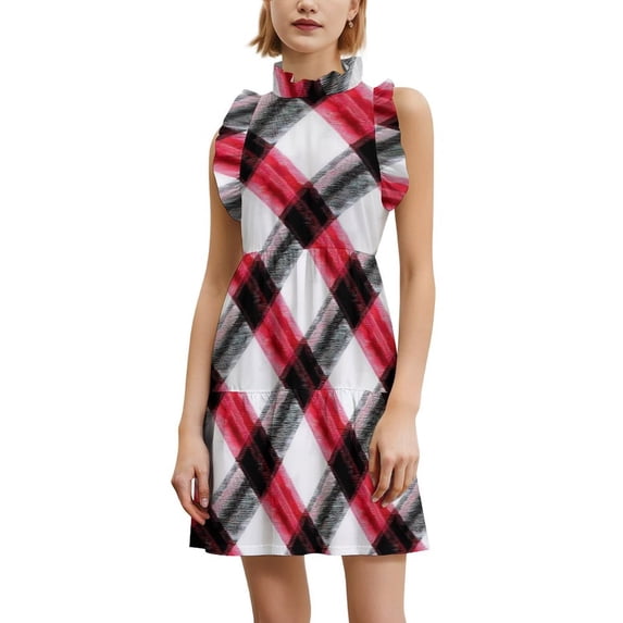 Red And Green Plaid Pattern Women's Fashion Casual Dress Summer Stand Up Collar Ruffles Sleeve Dress Elegant Dresses