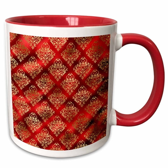 3drose, Red and Image of Gold Diamond Damask Pattern, 11oz Two-tone Red Mug