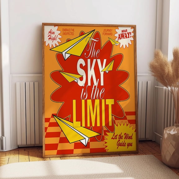 Red And Orange Flyer Motivational Poster - The Sky Is The Limit Print – Retro Pop Art Inspirational Wall Art, Modern Wall Decor, 8x12 UNFRAMED