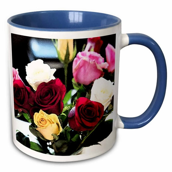3drose, Red and Pink with Yellow and Whiet Roses Shot Up Close for Love, 11oz Two-tone Blue Mug