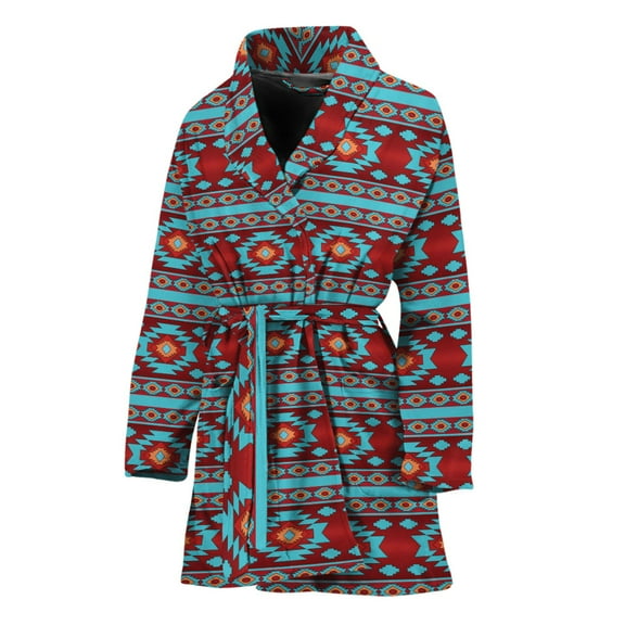 Red And Teal Southwestern Pattern Women Bathrobe One Size Univeral Fits Fashion Lightweight Plush Fleece Long Robe For Women