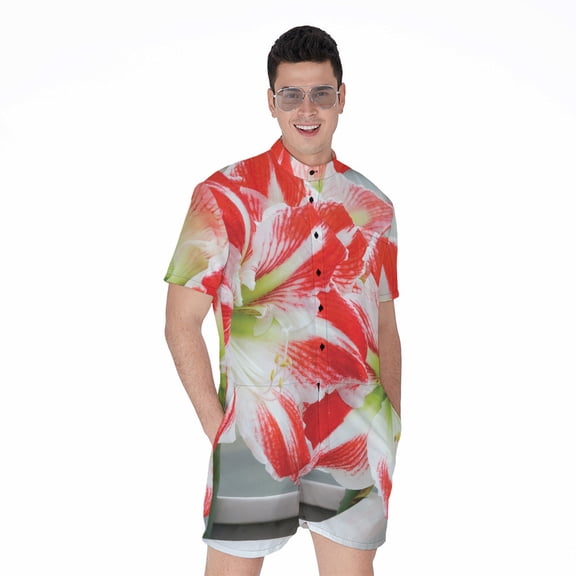 Red And White Amaryllis Short Sleeve Men'S Rompers Casual Summer Jumpsuits Outfit