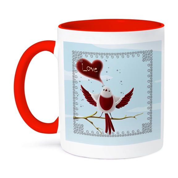 3dRose, Red and White Bird, Heart with Word Love, Frame, Cloud Background, 11oz Two-Tone Red Mug
