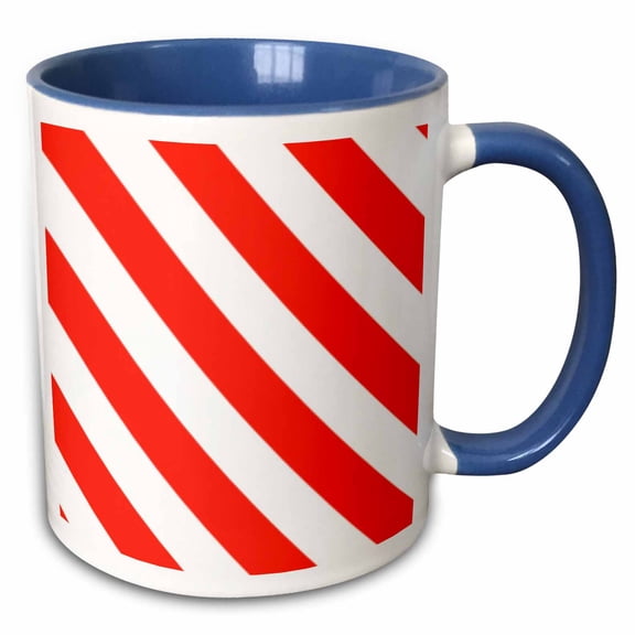 3drose, Red and White Candycane Diagonal Stripe Pattern - Candy Cane - Striped Stripy Bold Simple Modern, 11oz Two-tone Blue Mug