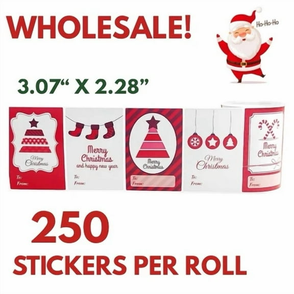 Red And White Christmas Gift Tag 1 Roll=250 Stickers, Wholesale, Bulk, Lot Avail