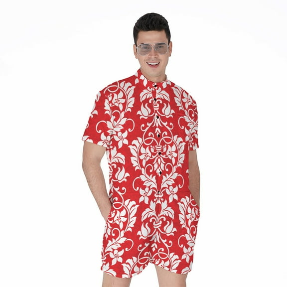 Red And White Damask Pattern Short Sleeve Men'S Rompers Casual Summer Jumpsuits Outfit