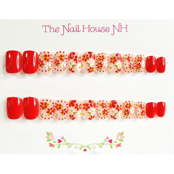 Red And White Floral Extra Short Square Glossy Press-on Nails by The Nail House NH - 24 Pieces