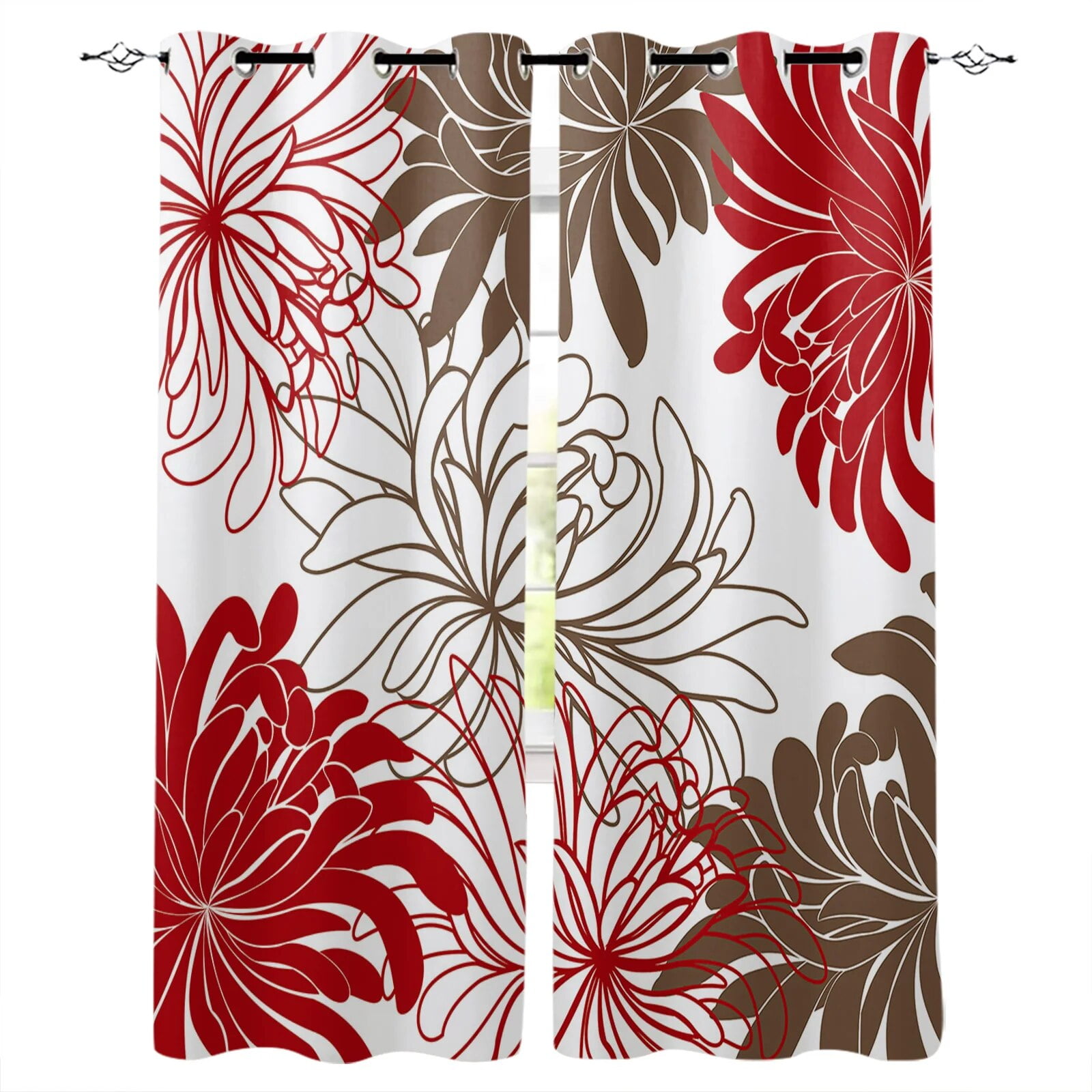 Red And White Flower Chrysanthemum Dahlia Floral Window Treatments ...