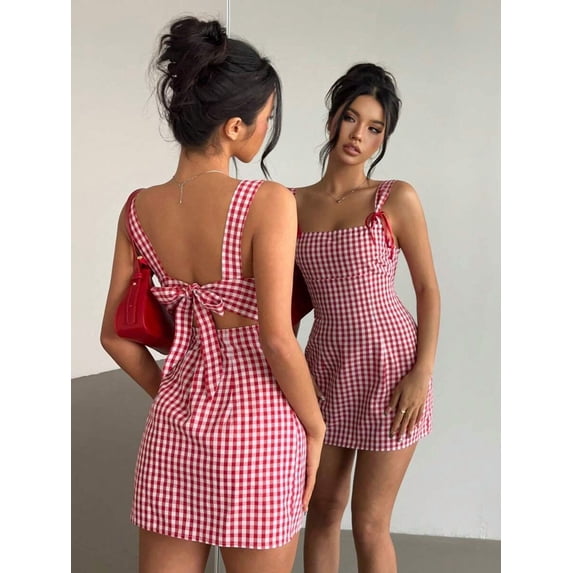 Red And White Gingham Mini Camisole Dress With Tie Back Detail For Women