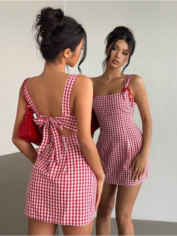 Red And White Gingham Mini Camisole Dress With Tie Back Detail For Women