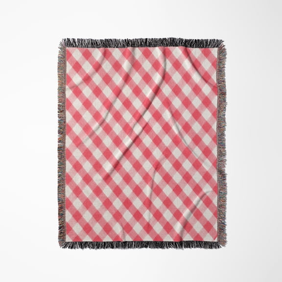 Red And White Gingham Pattern Diagonal Checkered Checks Rustic Retro Country Cottage Dining Kitchen, Woven Blanket