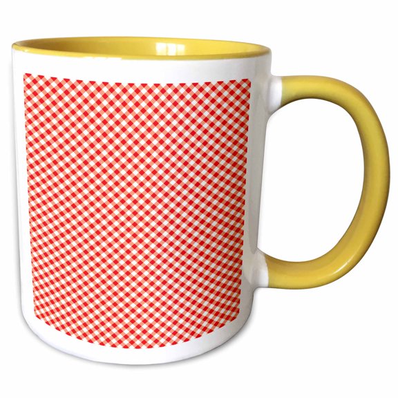 3drose, Red and White Gingham Plaid Simple Pattern Design, 15oz Two-tone Yellow Mug