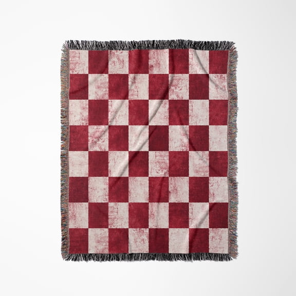 Red And White Grunge Checkerboard Squares Pattern, Woven Blanket