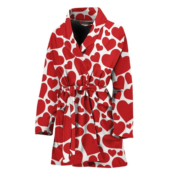 Red And White Heart Pattern Women Bathrobe One Size Univeral Fits Fashion Lightweight Plush Fleece Long Robe For Women