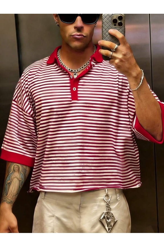 Red And White Horizontal Stripe Polo Shirt Boxed Loose Fit Short Sleeve Collared Casual Summer Top