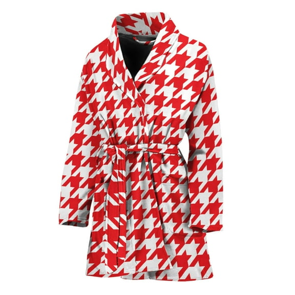 Red And White Houndstooth Pattern Women Bathrobe One Size Univeral Fits Fashion Lightweight Plush Fleece Long Robe For Women