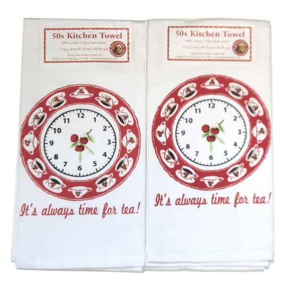 Red And White Kitchen 24.00In Always Time For Tea Set / 2, Cotton, 100% Cotton Kitchen Clock Vl117*Vl117