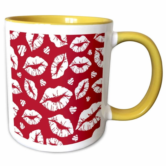3drose, Red and White Lips Kiss Imprint Pattern, 15oz Two-tone Yellow Mug