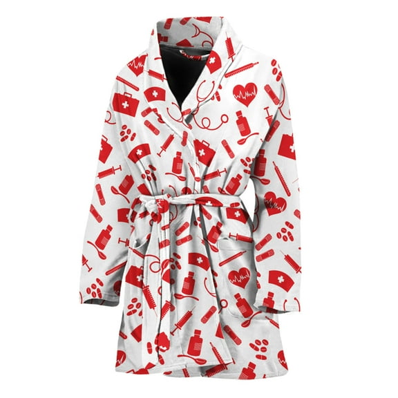 Red And White Nurse Pattern Women Bathrobe One Size Univeral Fits Fashion Lightweight Plush Fleece Long Robe For Women