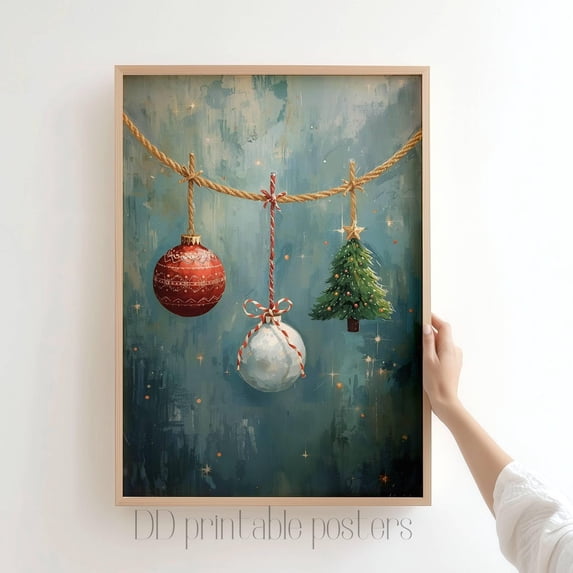 Red And White Ornaments Winter Tree Decor Home Decor #1247, Unframed Poster Size 8x12