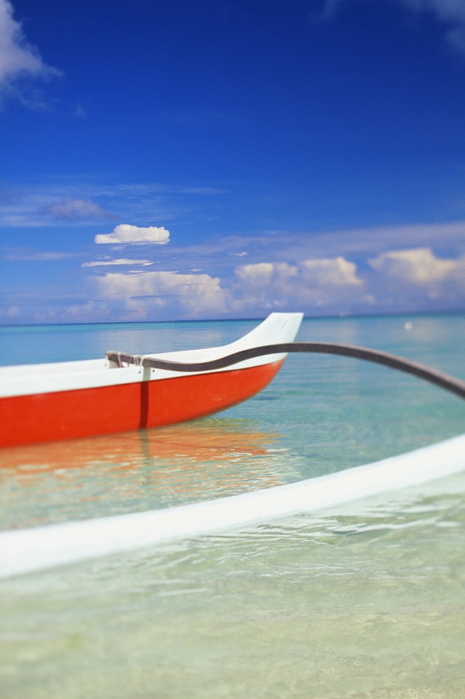 Red And White Outrigger Canoe Floating On Calm Turquoise Water Canvas Art - Dana Edmunds Design Pics (24 x 38)