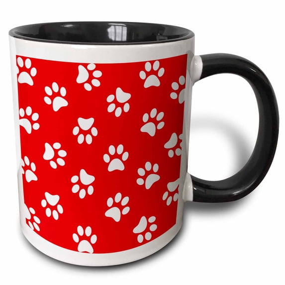 3drose, Red and White Paw Print Pattern - Stylish Pawprints - Cute Cartoon Animal Eg Dog or Cat Footprints, 15oz Two-tone Black Mug