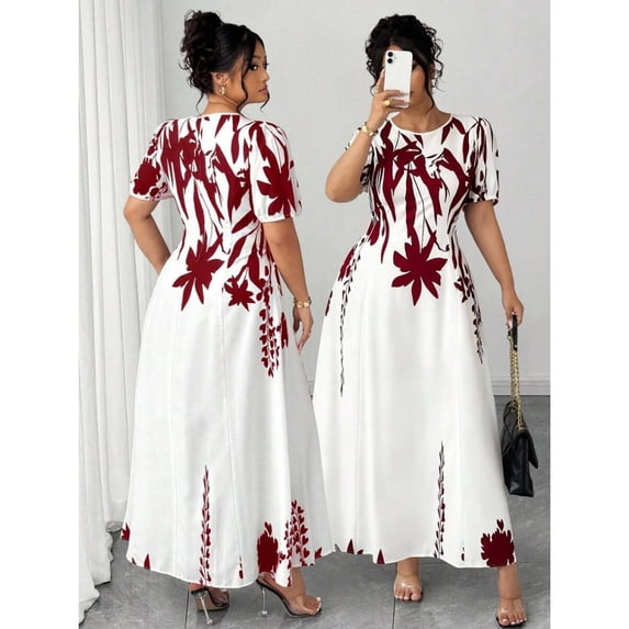 Red And White Plus Size Women A-Line Waist-Cinched Midi Dress With Bold Floral Print