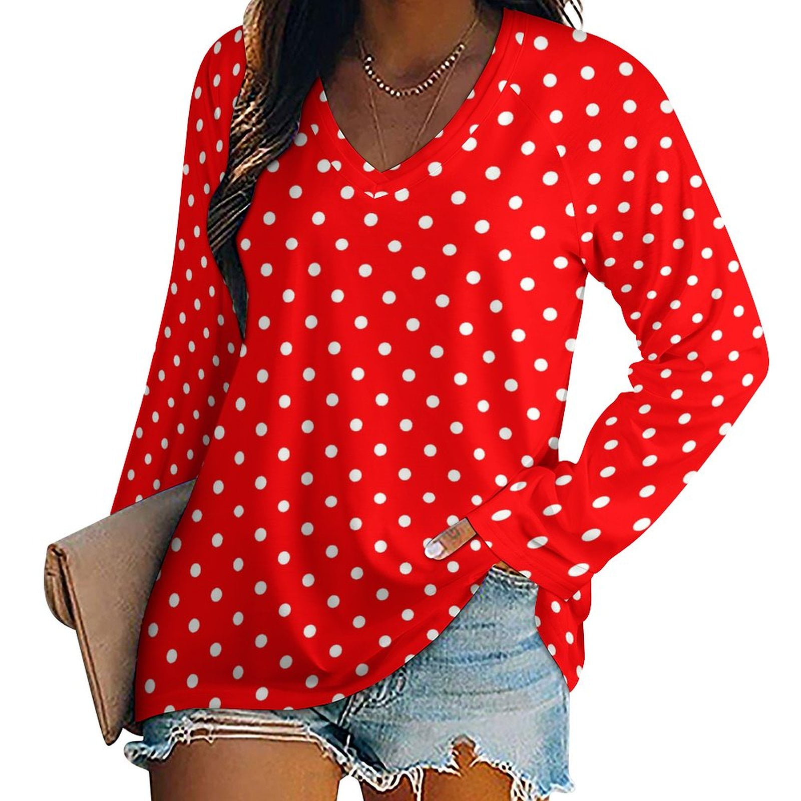 Red And White Polka Dot T Shirts for Women Long Sleeve Shirts V Neck Blouses Loose Fit Tops S Walmart