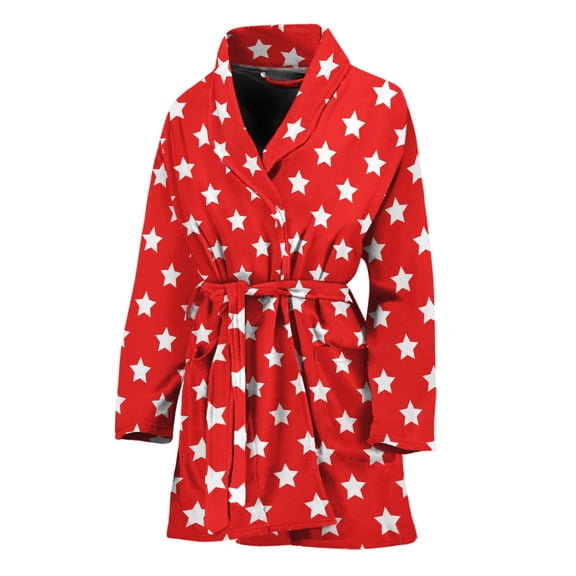 Red And White Star Pattern Women Bathrobe One Size Univeral Fits Fashion Lightweight Plush Fleece Long Robe For Women