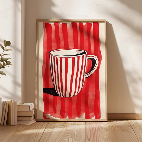 Red And White Striped Mug Print, Modern Kitchenminimalist Coffee Poster, Bold Cup Unique Tea Lover Gift Wall Art, Modern Wall Decor, 8x12 UNFRAMED