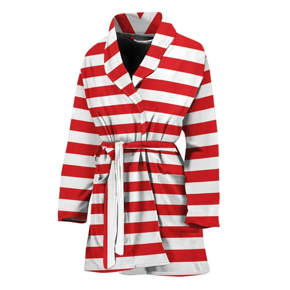 Red And White Striped Pattern Women Bathrobe One Size Univeral Fits Fashion Lightweight Plush Fleece Long Robe For Women