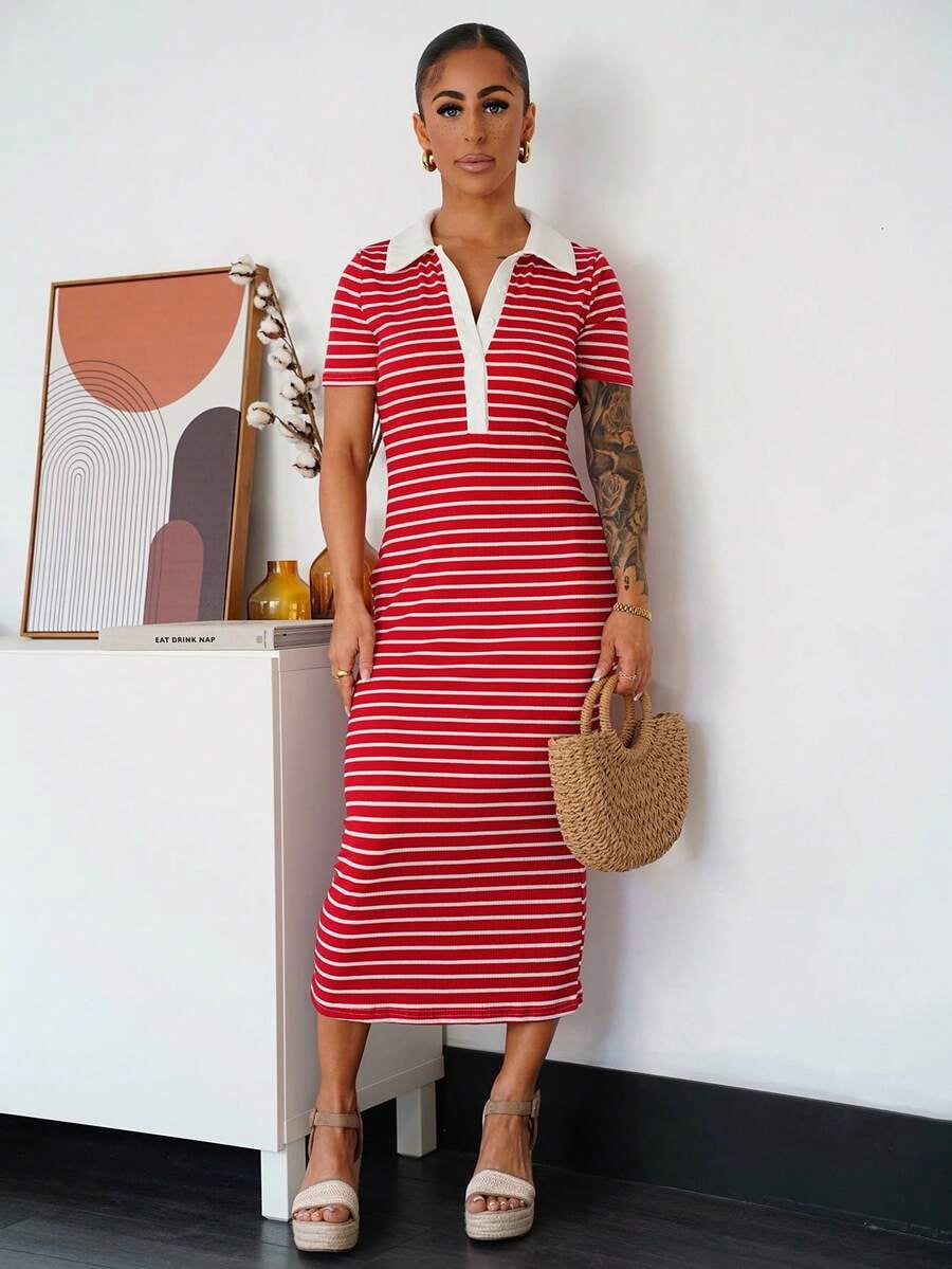 red and white striped bodycon dress Polo Women Short Sleeve Knit Midi Dress Casual Fitted DAYWEAR The fabric wicks away Alie Street Waterfall Dress Size:Plus couture Size