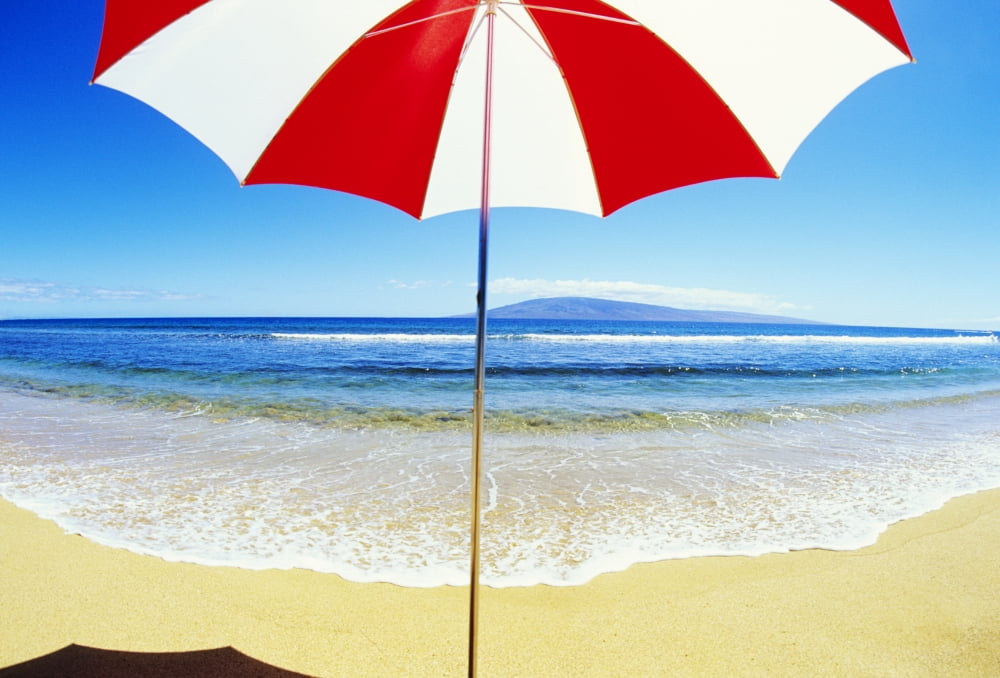 Red And White Umbrella On The Beach Blue Sky And Ocean Canvas Art - Carl Shaneff Design Pics (17 x 11)